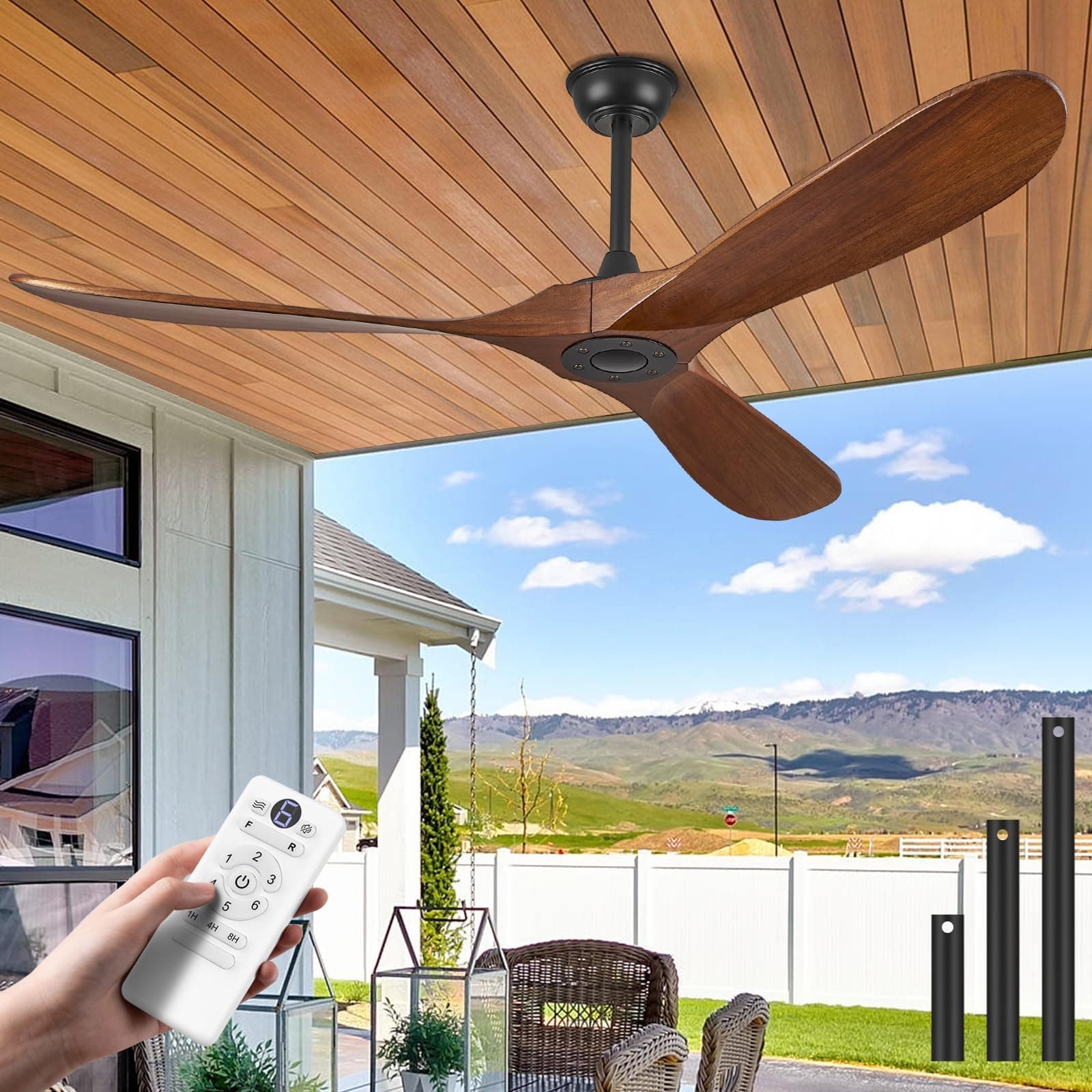 ABZ 52" Solid Wood Ceiling Fan, Outdoor, 3 Blade, No Light, Walnut, for Patio Living Room Bedroom Porch, Remote Control, Water Resistant