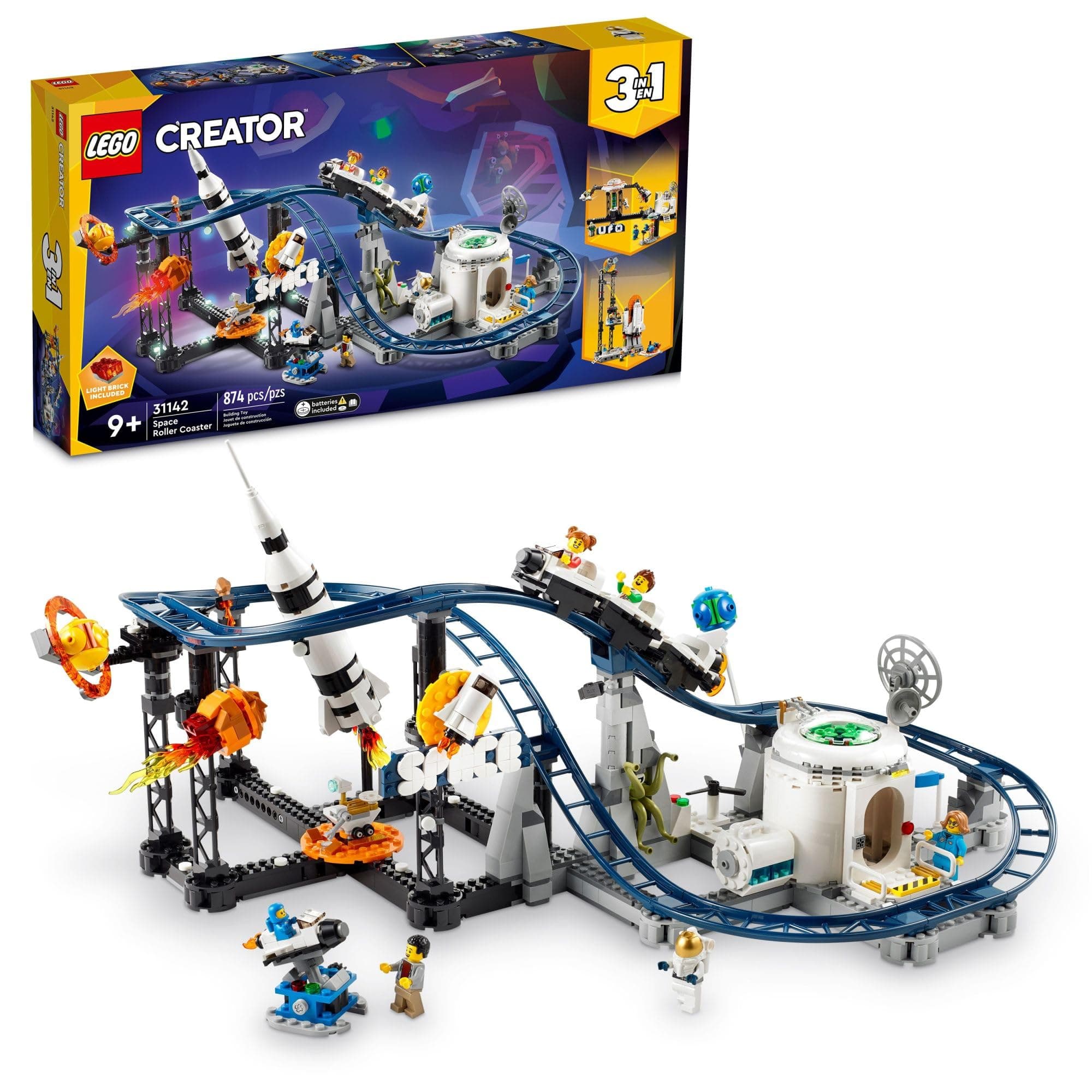 Creator 3 in 1 Space Roller Coaster Building Toy Set Featuring a Roller Coaster, Drop Tower, Carousel and 5 Minifigures, Rebuildable Amusement Park for Kids Ages 9+, 31142