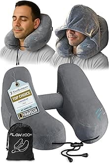 FLOWZOOM Air Inflatable Neck Pillow for Traveling on Plane - H-Shape Hooded Travel Pillow with 5 Snooze Modes, Fast Inflation, Pressure Control, Cozy Clip-On Hood & Plushy Cover - Size L, Silver Gray