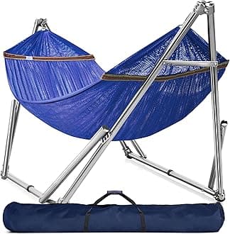 Double Hammock with Stand 650lb Capacity Double Hammock with Spreader Bar, Solid Grade 201 Stainless Steel 30s Set Up, Sturdy Flexible Hammock Stand Portable (Blue)