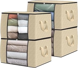 Fab totes 4 Pack Clothes Storage, Foldable Thick Fabric Blanket Storage Bags, Containers for Organizing Bedroom, Closet, Clothing, Comforter, Organization with Handle,Beige