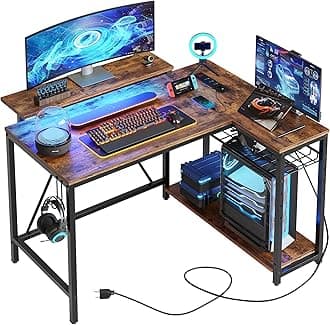 Bestier L Shaped Desk with Power Outlets & LED Lights Compact Corner Desk with Shelves Reversible Computer Desk with Hooks for Home Office Bedroom Small Space 106.5CM