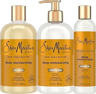 SHEA MOISTURE Deep Moisturizing Hair Care For Curly, Dry and Damaged Hair Raw Butter Sulfate Free Shampoo and Conditioner, Hair Detangler with Sea Kelp and Argan Oil 3 Count