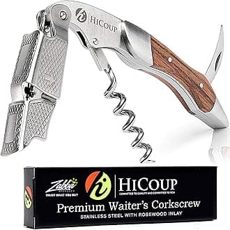 HiCoup Kitchenware Wine Opener - Professional Corkscrews for Wine Bottles w/Foil Cutter and Cap Remover - Manual Wine Key for Servers, Waiters, Bartenders and Home Use - Stainless Steel With Rosewood