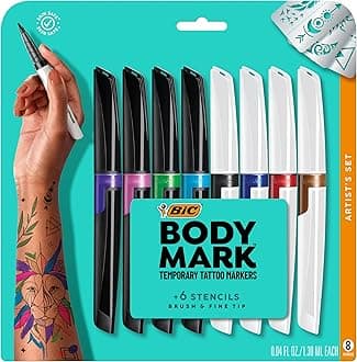 Bic BodyMark Temporary Tattoo Markers for Skin, Artist's Set, Mixed Tip, 8-Count Pack of Assorted Colors, Skin-Safe, Cosmetic Quality