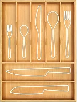 ROYAL CRAFT WOOD Luxury Bamboo Utensil Rack and Silverware Organizer, Kitchen Drawer Organizer - Utensil Holder and Cutlery Tray with Grooved Drawer Dividers for Flatware 7 Slot, Natural