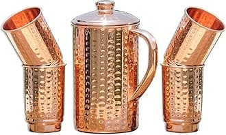 HealthGoodsIn - Pure Copper Hammered Pitcher with 4 Copper Tumblers | Hammered Copper Pitcher and Tumblers for Ayurveda Health Benefits