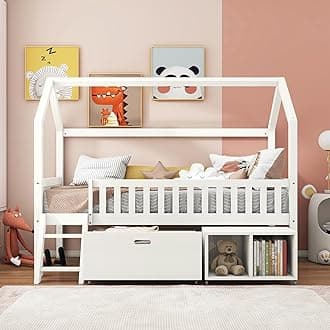 BTM Children's Bed with Big Storage Drawer & 2 Compartments, Household Bed Suitable for Boys and Girls, with Anti-fall Railings, 90 * 190cm