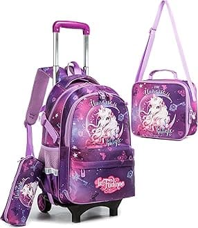 HTgroce Unicorn Rolling Backpack for Girls, Kindergarten Backpack for Girls with Wheels, Kids Roller School Bag with Wheels Toddler Wheeled Bookbag Elementary