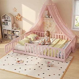 Full Floor Bed with Safety Guardrails for Kids, Rubber Wood Montessori Bed with Slats and Convertible Door,Full Size Bed Frame for Girls and Boys,No Box Spring Needed,Pink