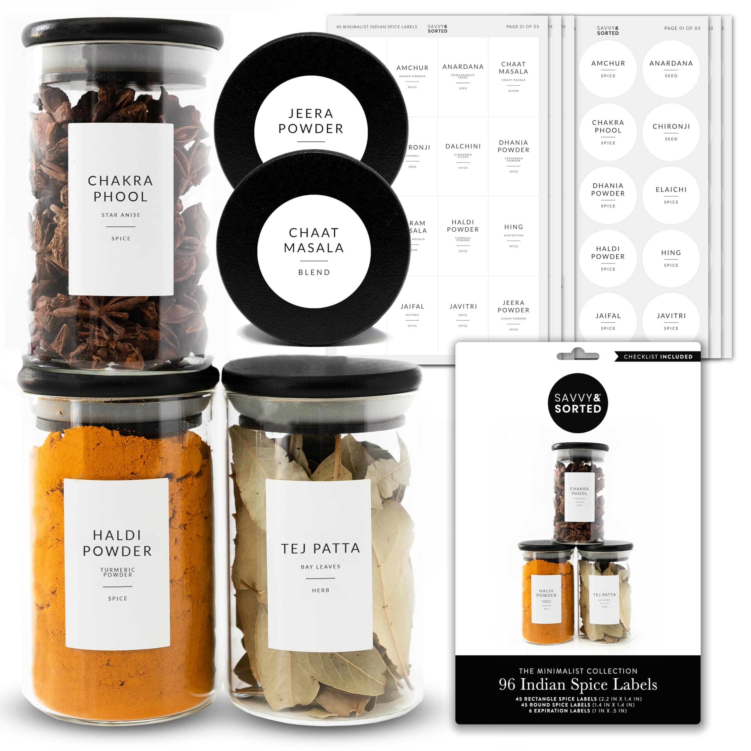 Indian Spice Labels Stickers for Jars and Lids - 96 South Asian Spice Jar Labels Waterproof Preprinted, Seasoning Herb Stickers for Containers Kitchen Pantry Organization