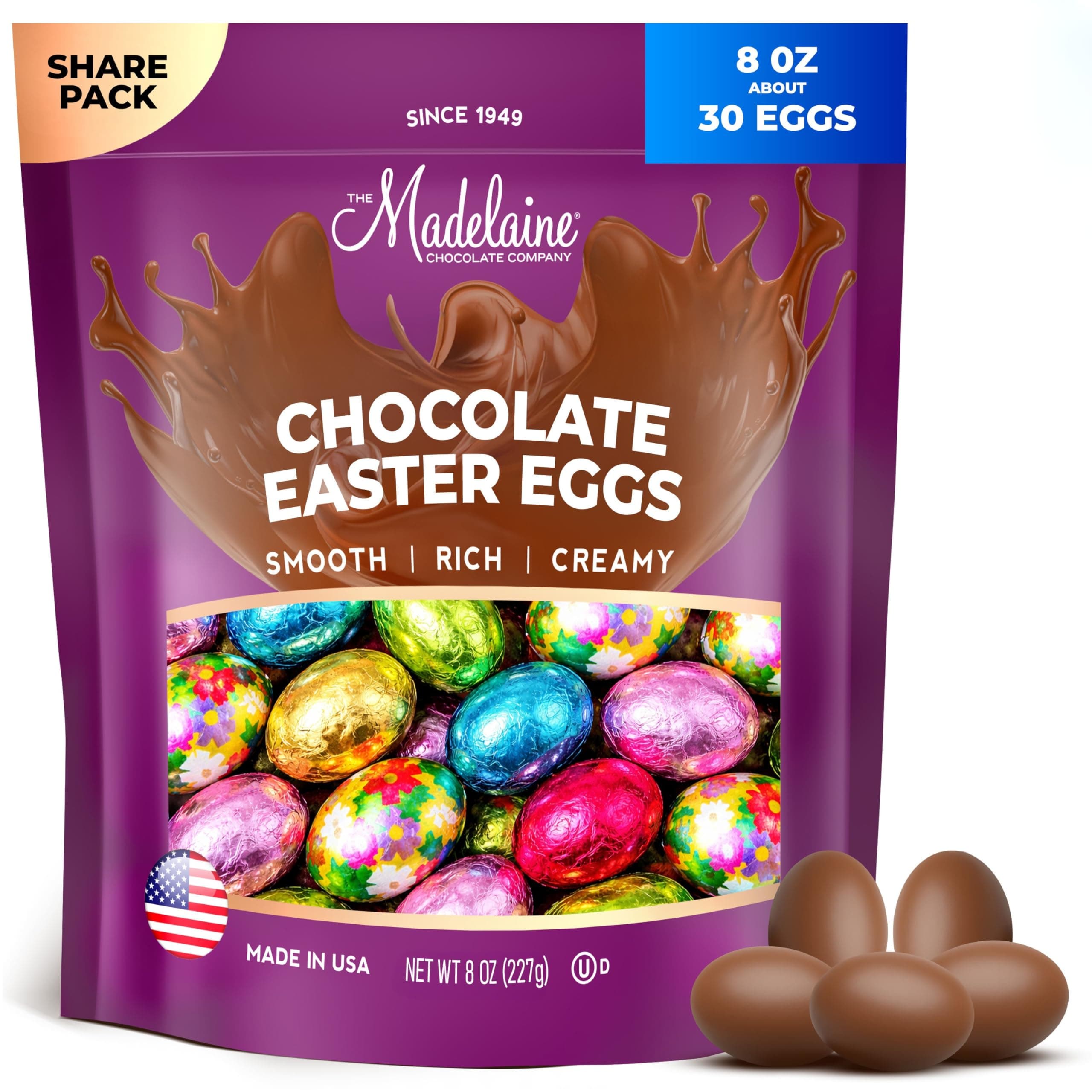 Madelaine Chocolate Easter Eggs – Solid Milk Chocolate Candy - 30 Individually Wrapped Mini Eggs for Easter Basket Essentials (1/2 LB)