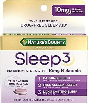 Nature's Bounty Melatonin, Sleep3 Maximum Strength 100% Drug Free Sleep Aid, L-Theanine & Nighttime Herbal Blend Time Release Technology, 10mg, 30 Tri-Layered Tablets