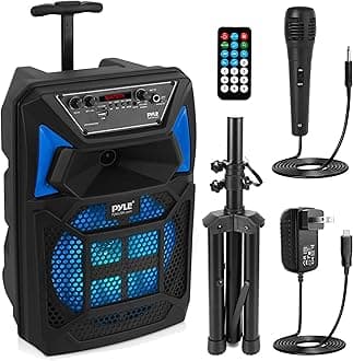 Pyle Portable Bluetooth PA Speaker System - 400W Outdoor Bluetooth Speaker Portable PA System w/Microphone in, Party Lights, MP3/USB SD Card Reader, FM Radio, Rolling Wheels - Mic, Remote - PPHP82SM