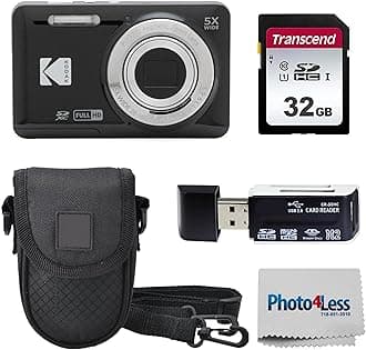 KODAK PIXPRO FZ55 16MP Digital Point & Shoot Camera, 5X Optical Zoom, 28mm Wide Angle, 1080P Full HD Video, Bundle with 32GB SD Card, Protective Case, and Hi-Speed Card Reader (Black)