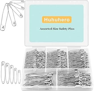 Huhuhero 340 Pack Safety Pins Assorted, Small & Large Heavy Duty Safety Pins for Clothes Costume Sewing, 5 Different Sizes Nickel Plated Steel Pin Bulk, Crafts Art Supplies, Silver