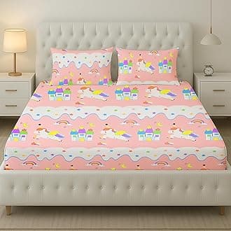 Filymore Unicorn Star Bed Sheet for Girls Kid bedsheet for Double Bed Microfiber Cartoon bedsheet 240 TC Soft | Queen Size (90x90 Inches/Boys and Girls Room)(Peach)