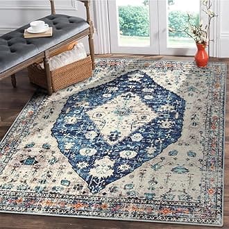 Lahome Boho Area Rug Square 4x4 Blue Washable Bathroom Rug Soft Kitchen Rugs with Rubber Backed Oriental Non-Slip Anti Pill Indoor Area Rugs