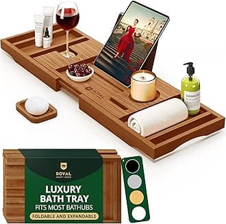 ROYAL CRAFT WOOD Premium Foldable Bathtub Tray Caddy - Wood Bath Tray for Tub, Bamboo Shelf, Expandable Bath Table Trays, Bathtub & Bathroom Accessories for New Home & Mothers, Birthday Gifts for Mom
