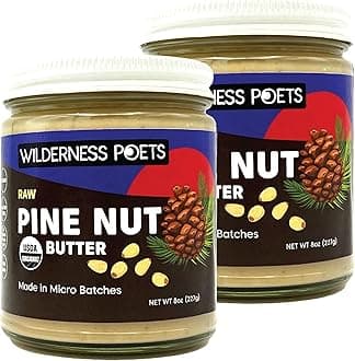 Wilderness Poets, Pine Nut Butter - Organic, Raw, 100% Pine Nuts (8 Ounce - 2 Pack) - No Salt, No Sugar, Creamy & Buttery - Glass Jars
