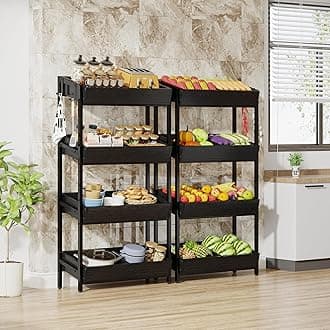 Tribesigns Wood Fruit and Vegetable Basket Stand Rack for Kitchen, Office, Store, Supremarket, Pantry Shelf Unit for Snacks, 4-Tier Wooden Utility Storage Shelves Set of 2 (Black)