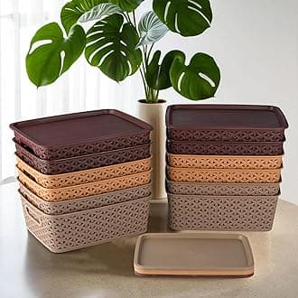 Kuber Industries Pack of 12 Multipurpose Solitaire Storage Basket with Lid|Strong Plastic Material & Side Grip|Size Large 36 x 30 x 14, (Multi)-CTLTC10908, Square