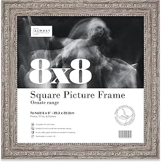 8x8 Walnut Ornate Picture Frame 8"x8" (20.3x20.3cm) Poster, Photo, Artwork, or Print. Elegant Style Portrait and Landscape Display with Wall Hooks