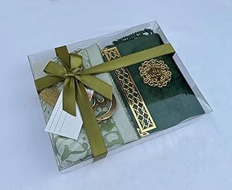 SAIKA Prayer Rug Set with Thanks Card, Full Arabic Quran Prayer Rug, Beads and Car Hanger Set,Ramadan Eid Wedding Birthday Graduation Mother's Day (Ivy)