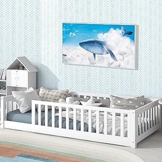 Tatub Twin Floor Bed for Kids with Safety Guardrails and Door and Slats, Wood Kids Montessori Floor Bed Frame for Girls and Boys, Twin-White Without Door