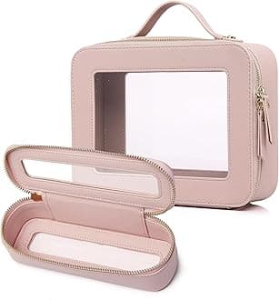 Travel Makeup Bag with Brush Case Portable Transparent Cosmetic Bag and Toiletry Bag Waterproof Makeup Organizer with Zipper Car Essential for Women (Pink, L+Slim)