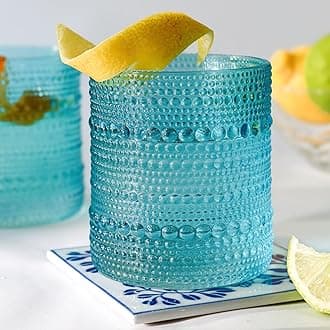 Kate Aspen Aqua Blue Hobnail Beaded Drinking Glasses Set of 6 (10 oz) Vintage Glassware Set Cocktail Glass Set, Juice Glass, Water Cups | Great Hostess Gift or New Home Owners