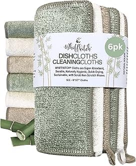Whiffkitch Dishcloths Dishrags for Kitchen and Household Cleaning 6x7 6-Pack Non-Scratch 2-Ply Weave, Rayon Derived from Bamboo, Absorbent, Washable, Long-Lasting