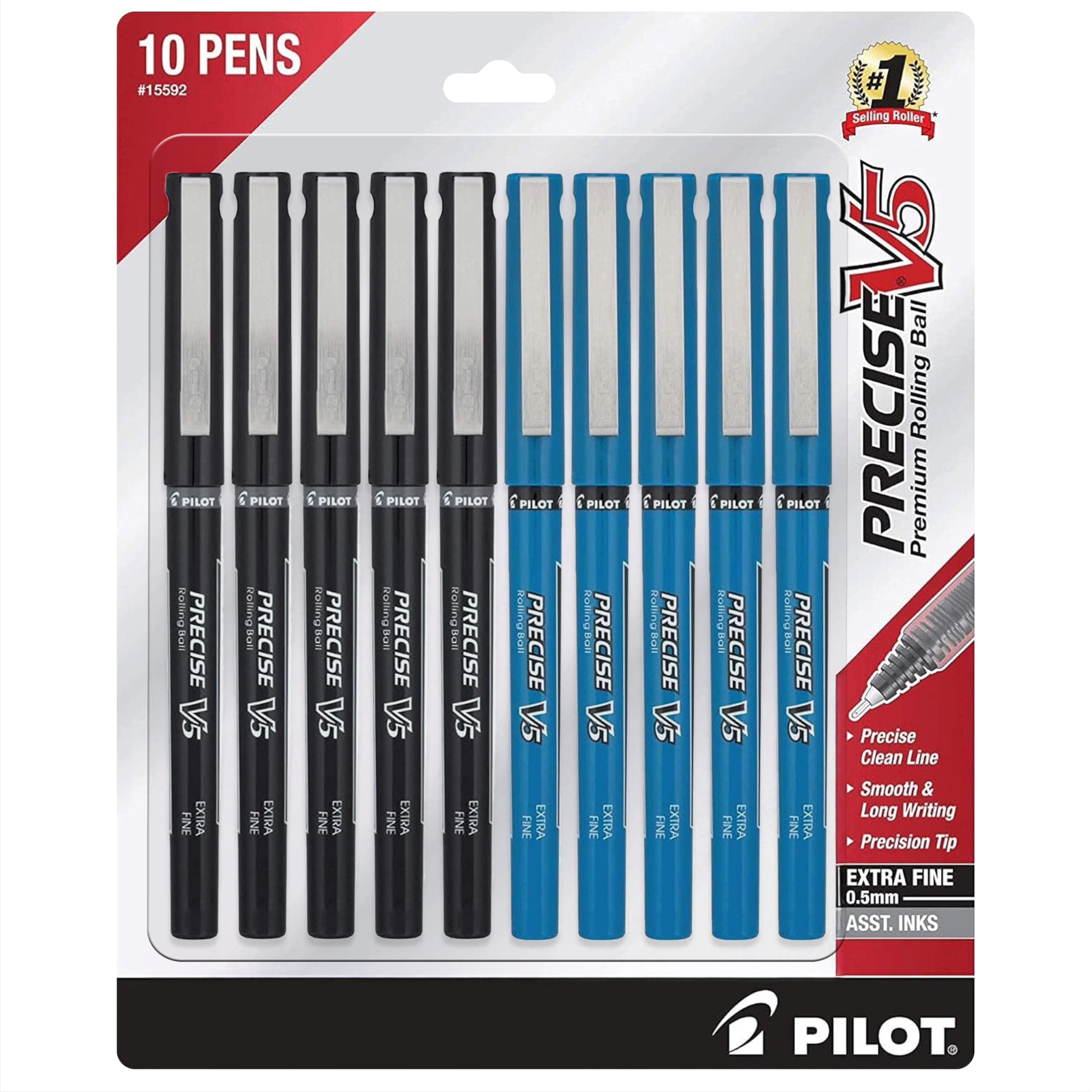 Precise V5 Rolling Ball Pen Extra Fine Point 0.5mm, 5 Black and 5 Blue Liquid Ink Rollerball Pens. pack of 10