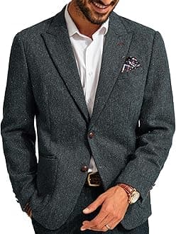 Mens Blazer Vintage Herringbone Tweed Blazer Two Button Wool Blend Sport Coat with Pocket Square