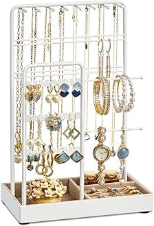 SONGMICS Jewellery Box Necklace Earring Holder Metal Frame Velvet Tray for Necklace Bracelet Earrings Rings Gift White JJS021W01