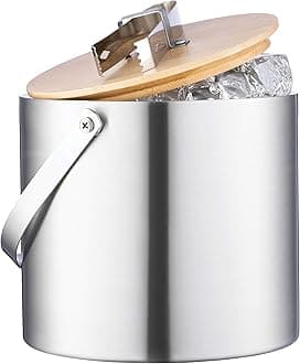 FineDine Double- Wall Stainless Steel Insulated Ice Bucket with Lid & Ice Tong - [3 Liter] Modern Wooden Lid with Built-in Tongs- Comfortable Carry Handle- for Home Bar, Chilling Beer Champagne
