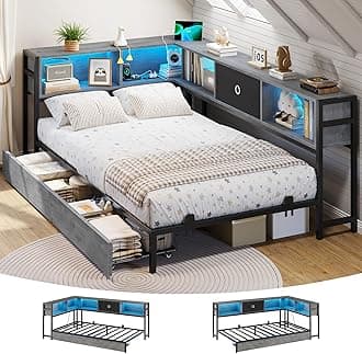 DICTAC Corner Twin Bed Frame with Bookcase Storage Headboard and Led Lights Twin Size Metal Platform Bed Frame with Storage Drawers and Charging Station Twin Size Daybed for Kids and Teen,Oak Gray