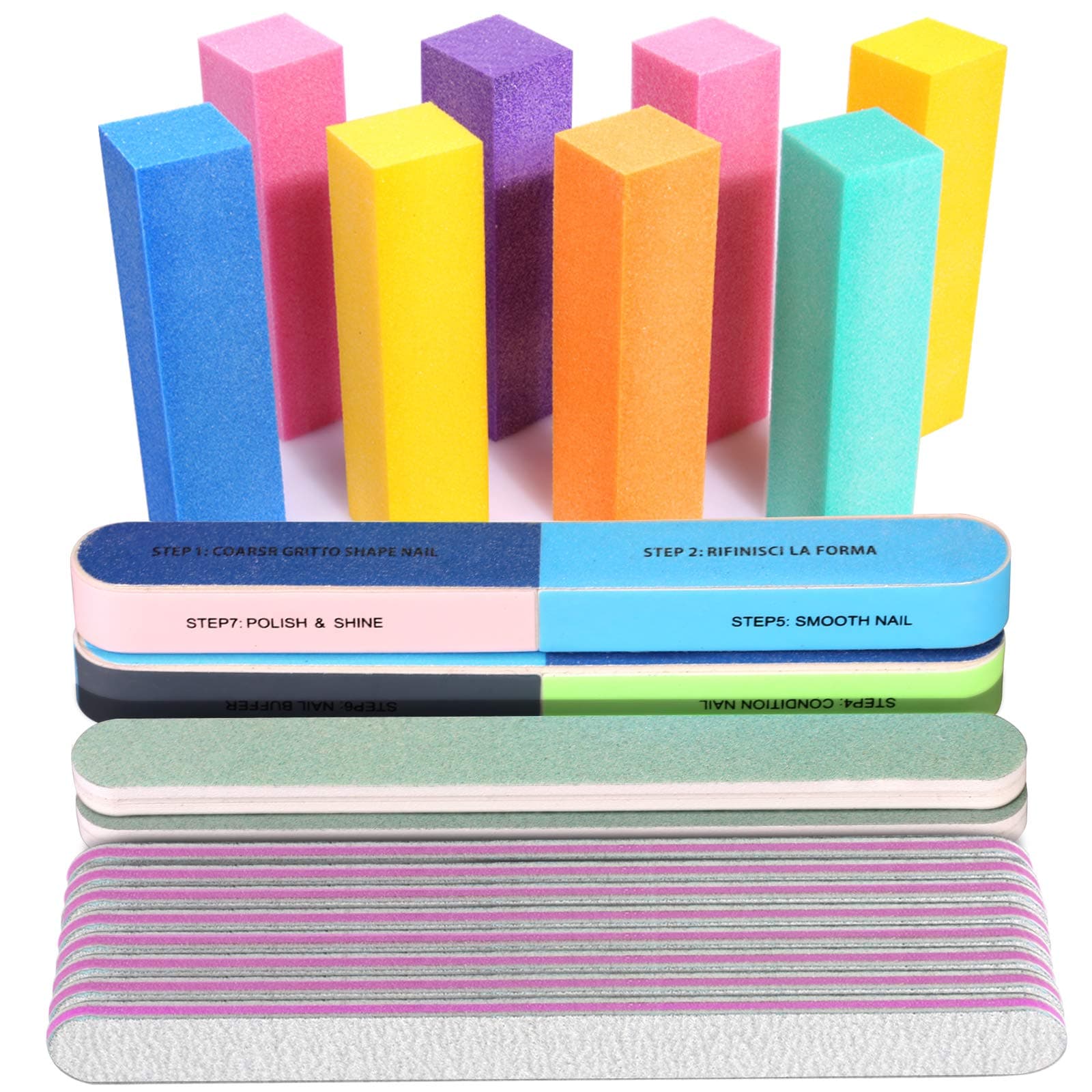 Nail File and Buffer, Professional Manicure Tools Kit. 8PCS Rectangular Nail Buffer Block, 8PCS Nail File, 2PCS 7 Way Nail File & 2PCS Nail Polishing Buffer. Nail Care File Buffer Tool