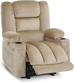 Zero Gravity Power Recliner Chair with Heat and Vibration Massage, Reclining Chair with USB & Type C Ports, Cup Holders for Living Room, Fabric 6079 (Beige Medium 22.2" Seat Width)