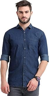 Miraan Men's Long Sleeve Casual Light-Blue Denim Shirt