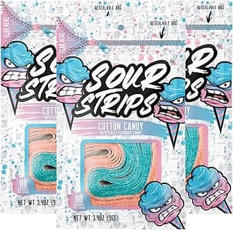 Flavored Sour Candy Strips, Deliciously Sour Chewy Candy Belts, Vegetarian Candies, 3 Pack (Cotton Candy (3-Pack))