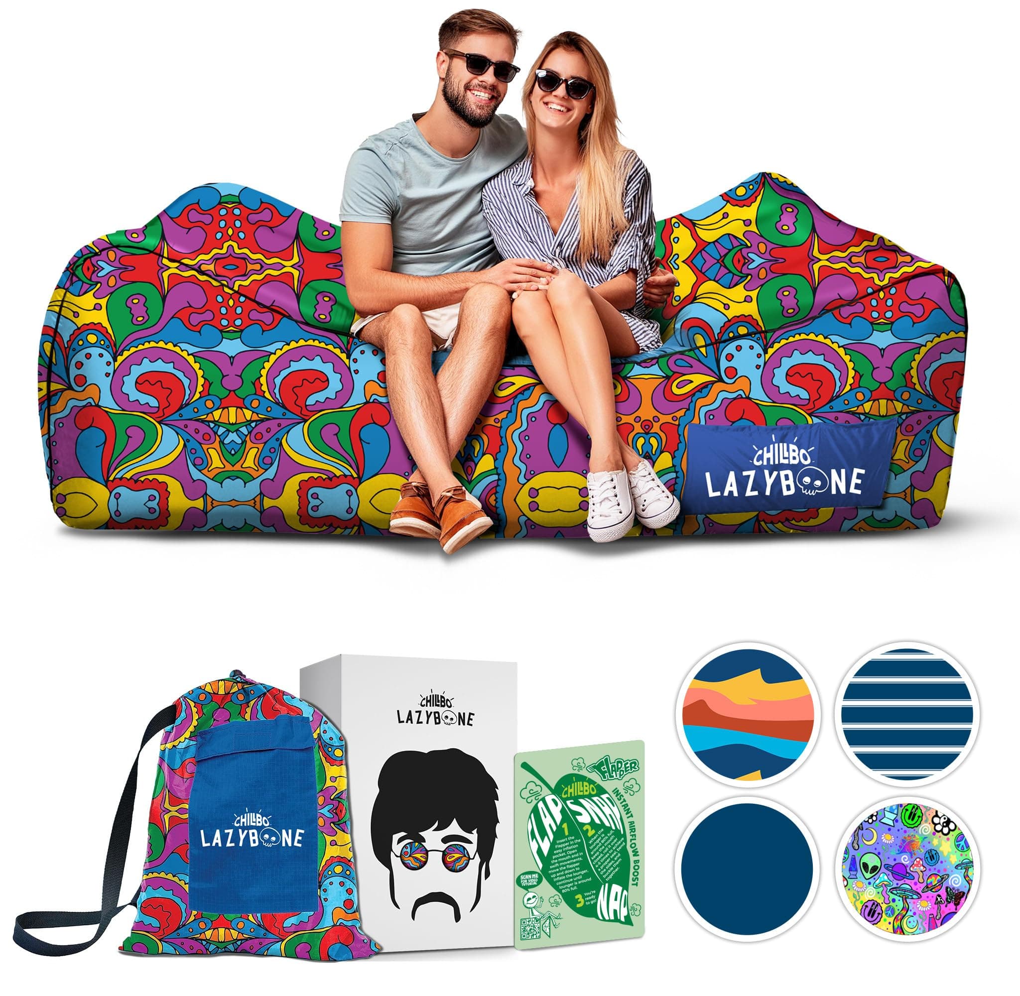 Inflatable Couch – Unique Designs - No-Pump Setup, Ripstop Polyester, Stability Pegs, Fun Prints - Portable Air Inflatable Lounger for Beach, Camping, Festivals, and Tailgating