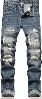 OIIIO Men's Ripped Slim Fit Straight Leg Jean Denim Pant
