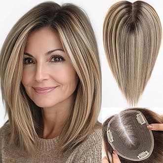 starluck 6x5 inch Large Swiss Base SilkHug 14 Inch Real Human Hair Toppers,60 Gram, 100% Real Human Hair Toppers for Women with thinning (Ash Blonde Mixed Brown, no Bangs) 2T613/M6/16A#