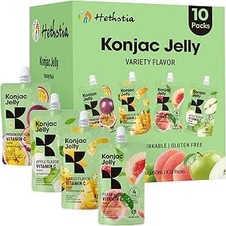 Hethstia Konjac Jelly Variety Pack, Drinkable Jelly 10 Pouches-Peach, Mango, Passion Fruit, Green Apple, Gluten-Free, Sugar-Free, Vegan, Keto, Low Calorie Snack with Vitamin C, On-the-Go Healthy Treat