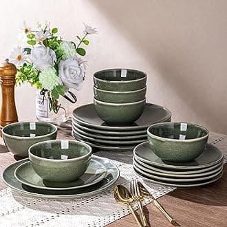 AmorArc Ceramic Dinnerware Sets for 8, 24 Pieces Handpainted Plates and Bowls Set, Scratch Resistant Stoneware Dishes Set, Dishwasher & Microwave Safe, Jade Green