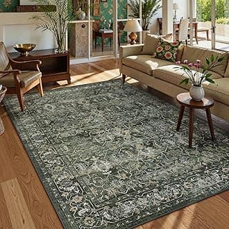Washable Area Rugs 5x7 - Green Rugs for Living Room, Bedroom & Dining Room - Distressed Non Slip Low Pile Carpet for Indoor Home Office Nursery (5'x7')