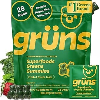- Gruns Adult Super Greens Multivitamin Gummies, Superfood Gummy Vitamins for Women and Men with Spirulina, Chlorella, Adaptogens & Prebiotic Fiber for Digestive Health (28 Count)