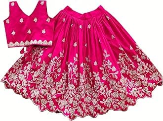Girls Readymade Crop Top With Lehenga - Taffeta Silk Embroidered Lehenga Choli - Perfect for Ethnic, Party & Wedding - Traditional Dress (Pink, 7-8 Years)