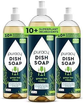 Puracy Natural Dish Soap Packs- Skin-Softening Plant-Based Dishwashing Soap, Non-Toxic Dish Soap, Organic Liquid Dishwashing Detergent Soap (Green Tea & Lime, 16 fl oz, 3 Pack)